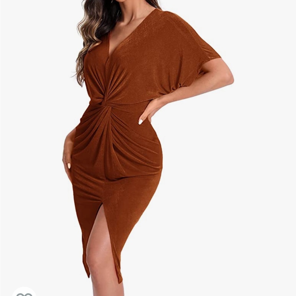 NWT never worn size L Stretchy brown midi dress with front slit and front twist - Picture 4 of 8